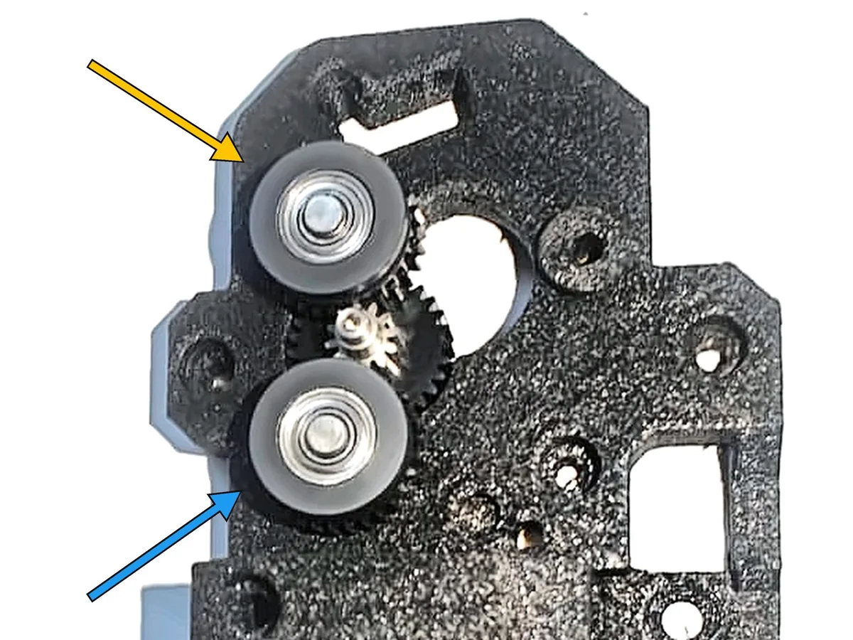 Step 5, installing the drive gears: Slide the upper drive gear (C) onto the upper dowel pin.