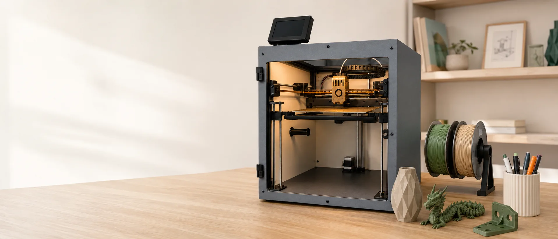 QALAM Pro 300 on a bright studio desk with printed parts and filament spools