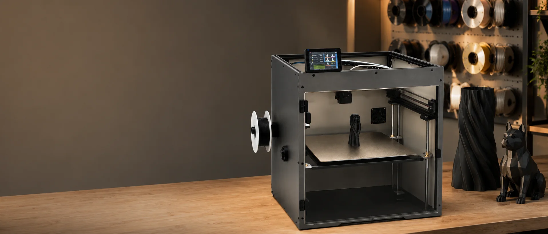 QALAM Pro 400 on a workbench in a dark maker workshop