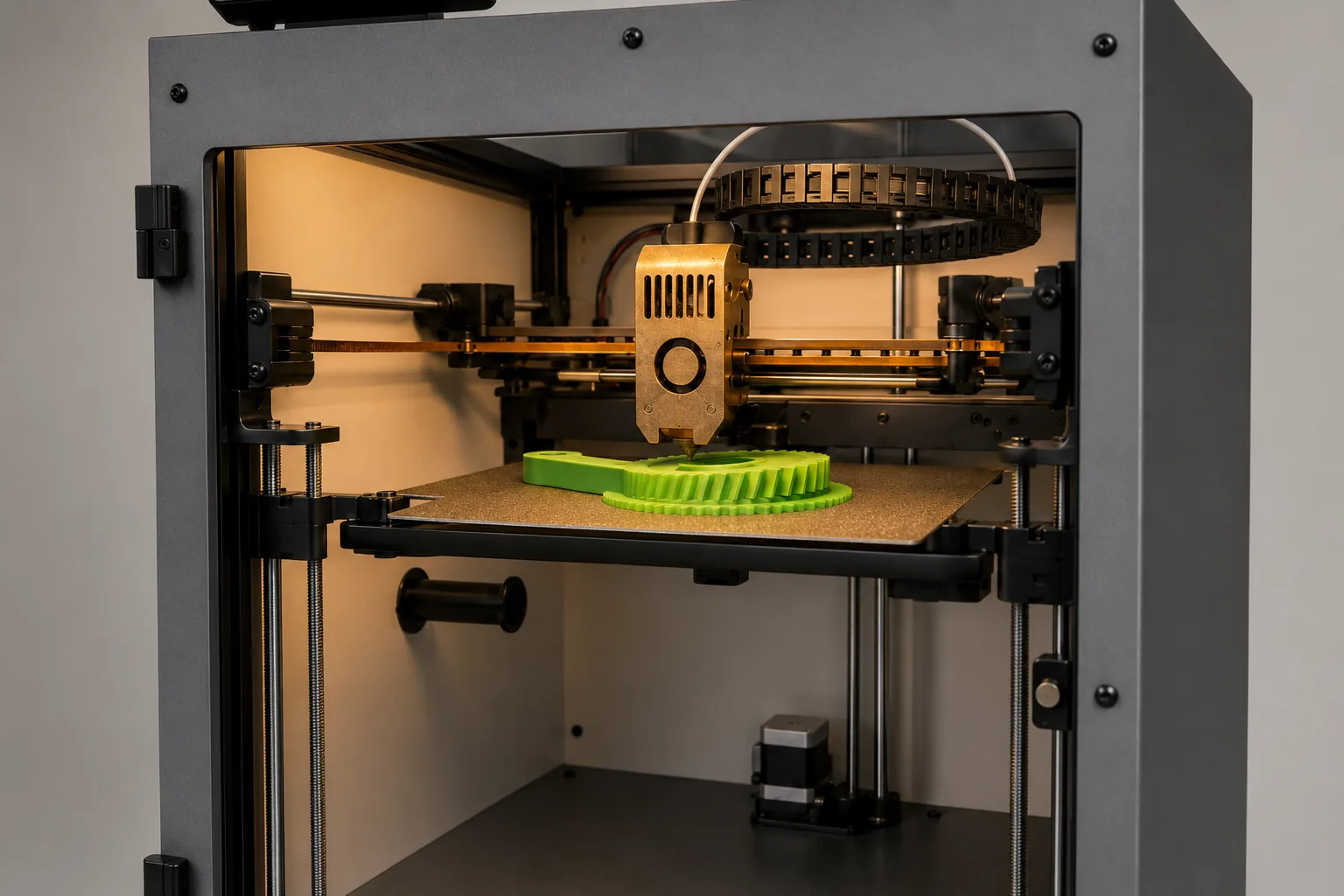QALAM Pro 300 printing a green gear on the gold PEI bed
