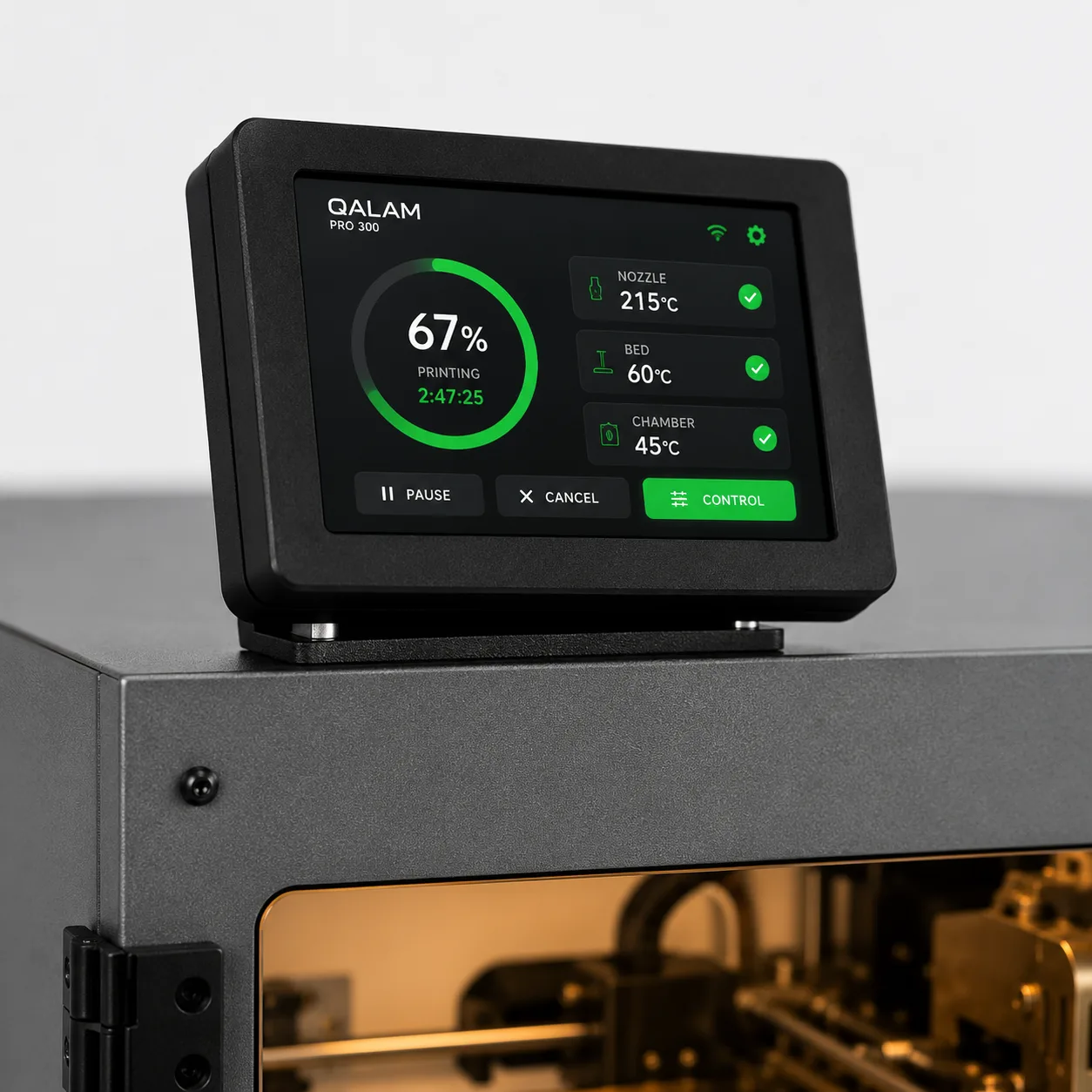 QALAM touchscreen showing a print in progress