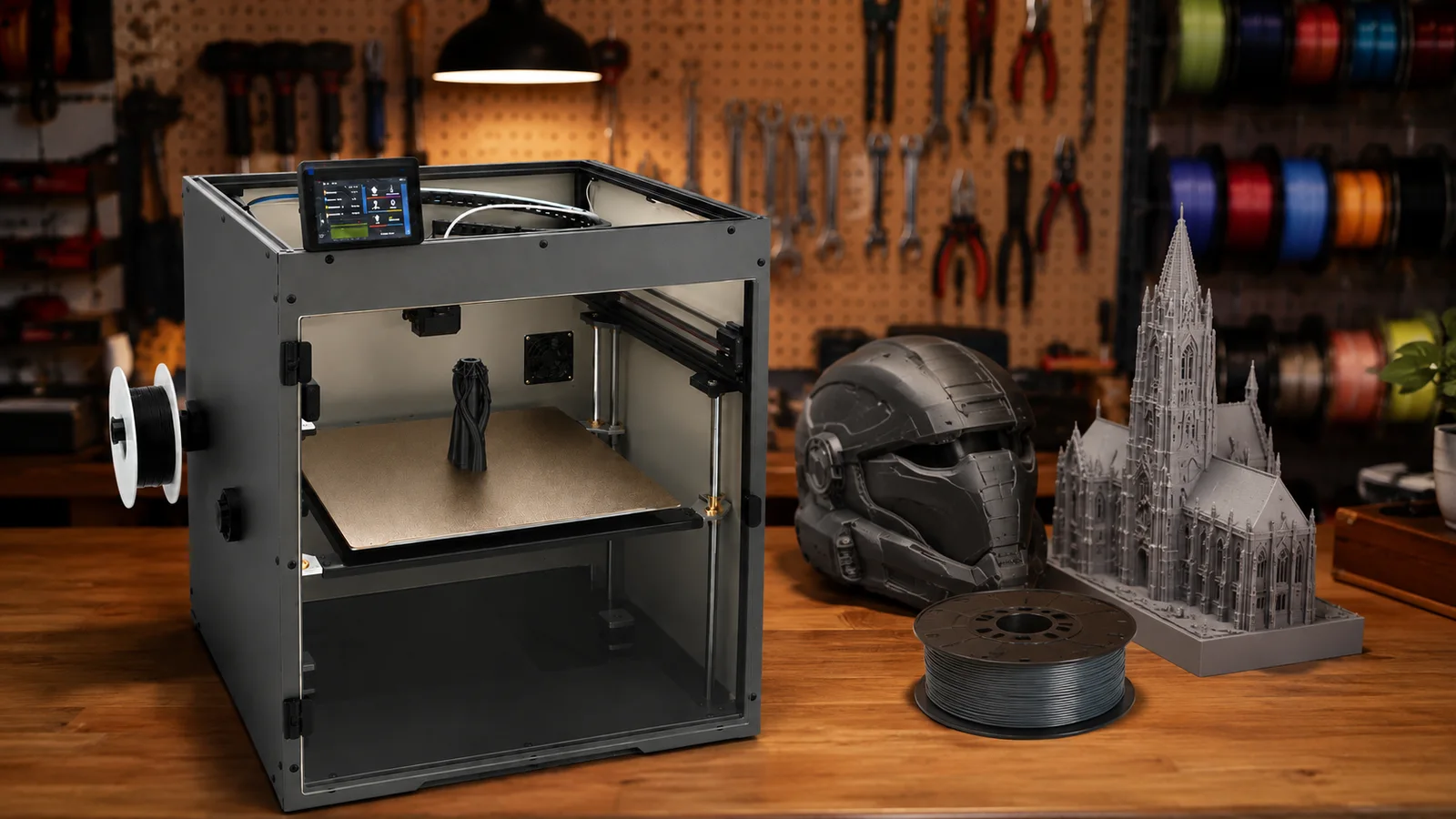 QALAM Pro 400 on a workbench in a dark maker workshop