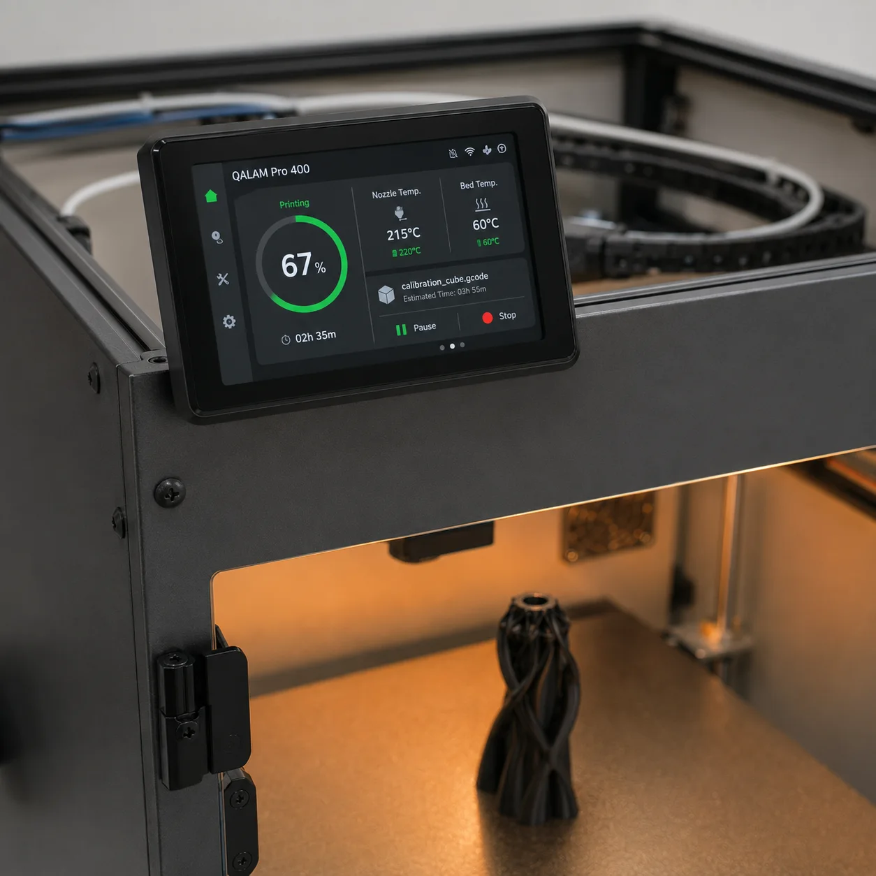 QALAM Pro 400 touchscreen showing a print in progress