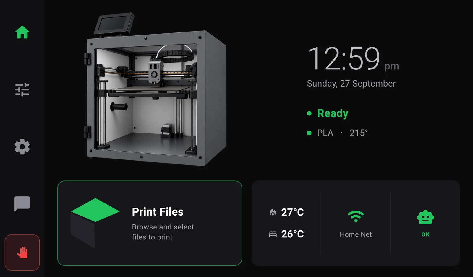 The Home screen of an idle printer: sidebar with four icons and the red emergency stop, the machine picture, the time, the status Ready, the loaded filament PLA at 215 degrees, the Print Files card and a status card with temperatures, Wi-Fi and the robot showing OK.