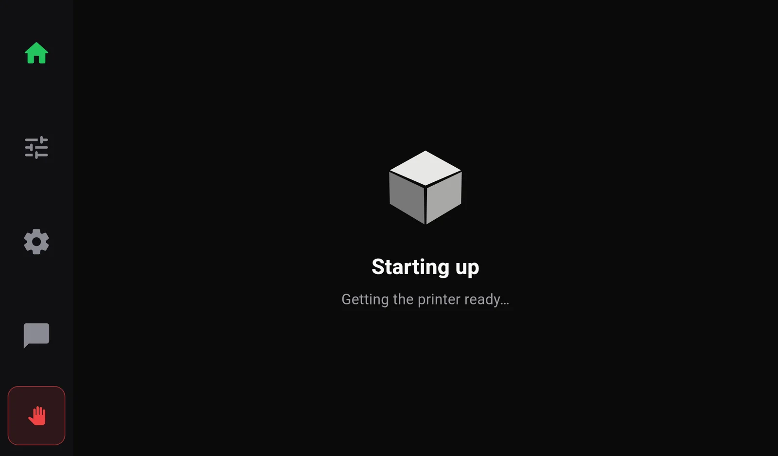 The Starting up screen with a white cube icon and the text Getting the printer ready.