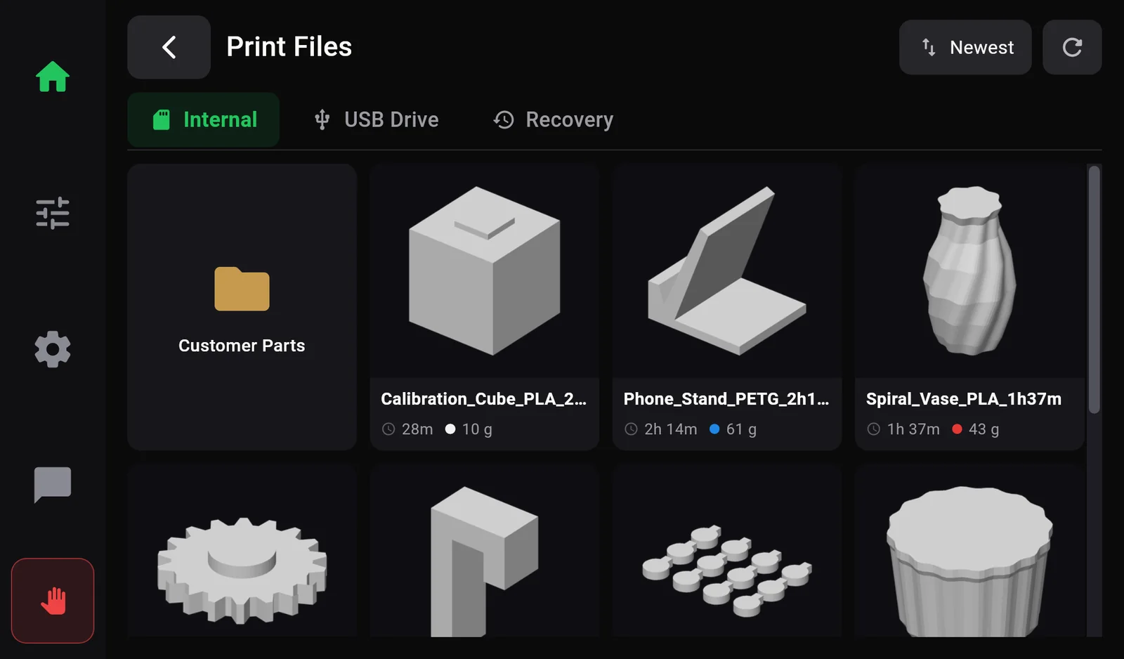 Print Files: tabs Internal, USB Drive and Recovery; a Newest sort button and a refresh button; a folder Customer Parts and file cards with pictures of the parts, names, print times and filament weights with colour dots.