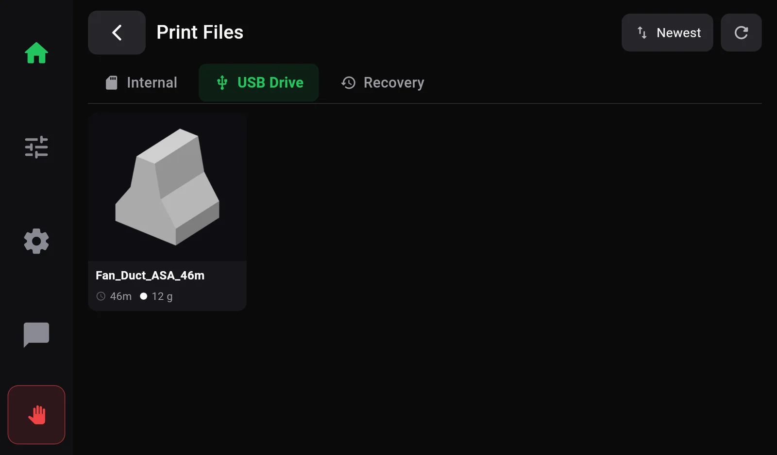 Print Files on the USB Drive tab with one file Fan_Duct_ASA_46m.