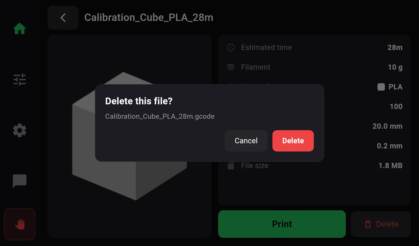 A dialog Delete this file? with the file name and the buttons Cancel and Delete.