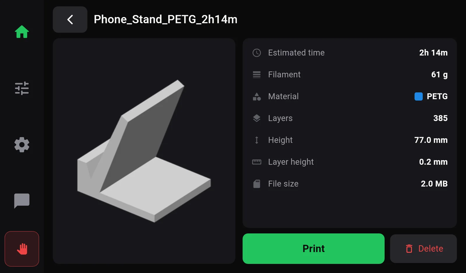 The file detail page for Phone_Stand_PETG_2h14m with estimated time 2h 14m, filament 61 g, material PETG, 385 layers, height 77 mm, layer height 0.2 mm, file size 2.0 MB, a green Print button and a Delete button.