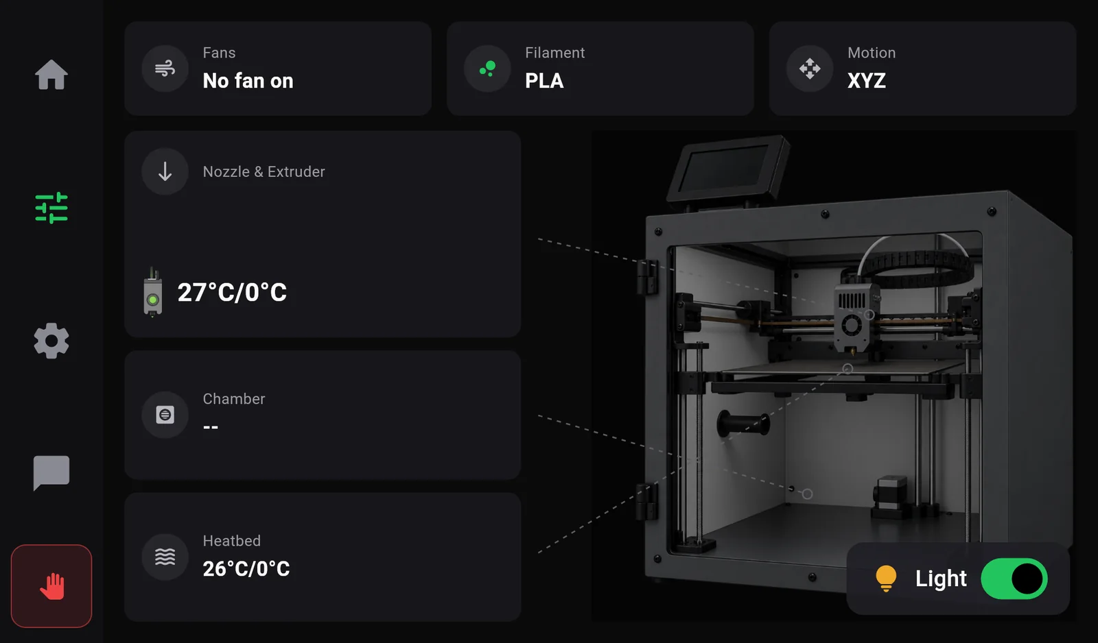 The Controls page: cards Fans No fan on, Filament PLA, Motion XYZ, Nozzle and Extruder 27 of 0 degrees, Chamber --, Heatbed 26 of 0 degrees, a picture of the machine and a Light switch.