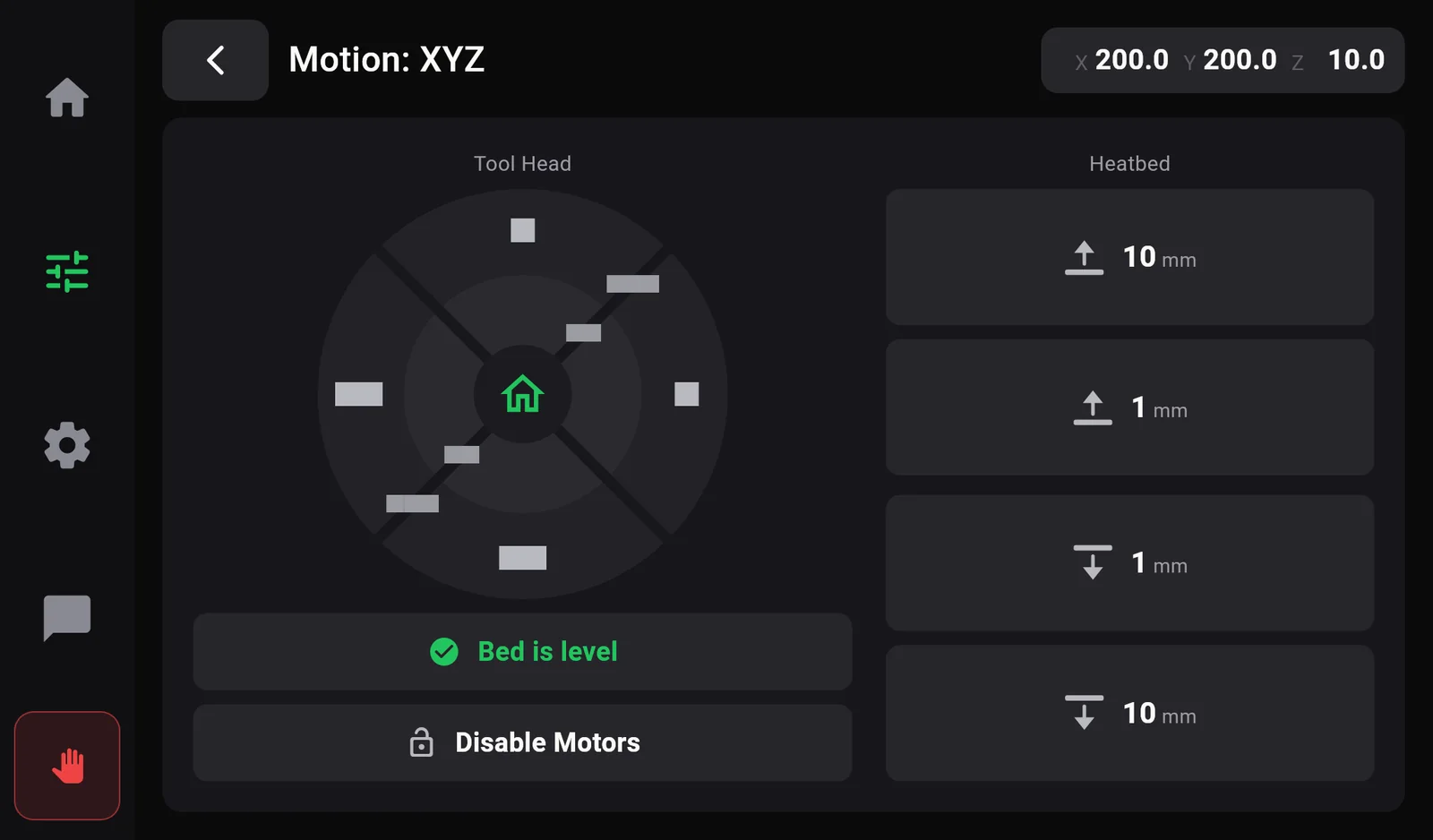 The Motion page after homing: position X 200.0, Y 200.0, Z 10.0, and a green Bed is level button.
