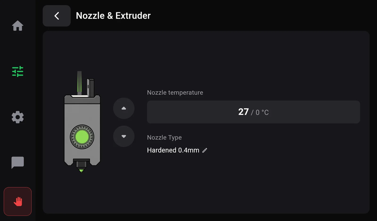 The Nozzle and Extruder page: a picture of the print head, up and down arrow buttons, Nozzle temperature 27 of 0 degrees, and Nozzle Type Hardened 0.4mm with a pencil icon.