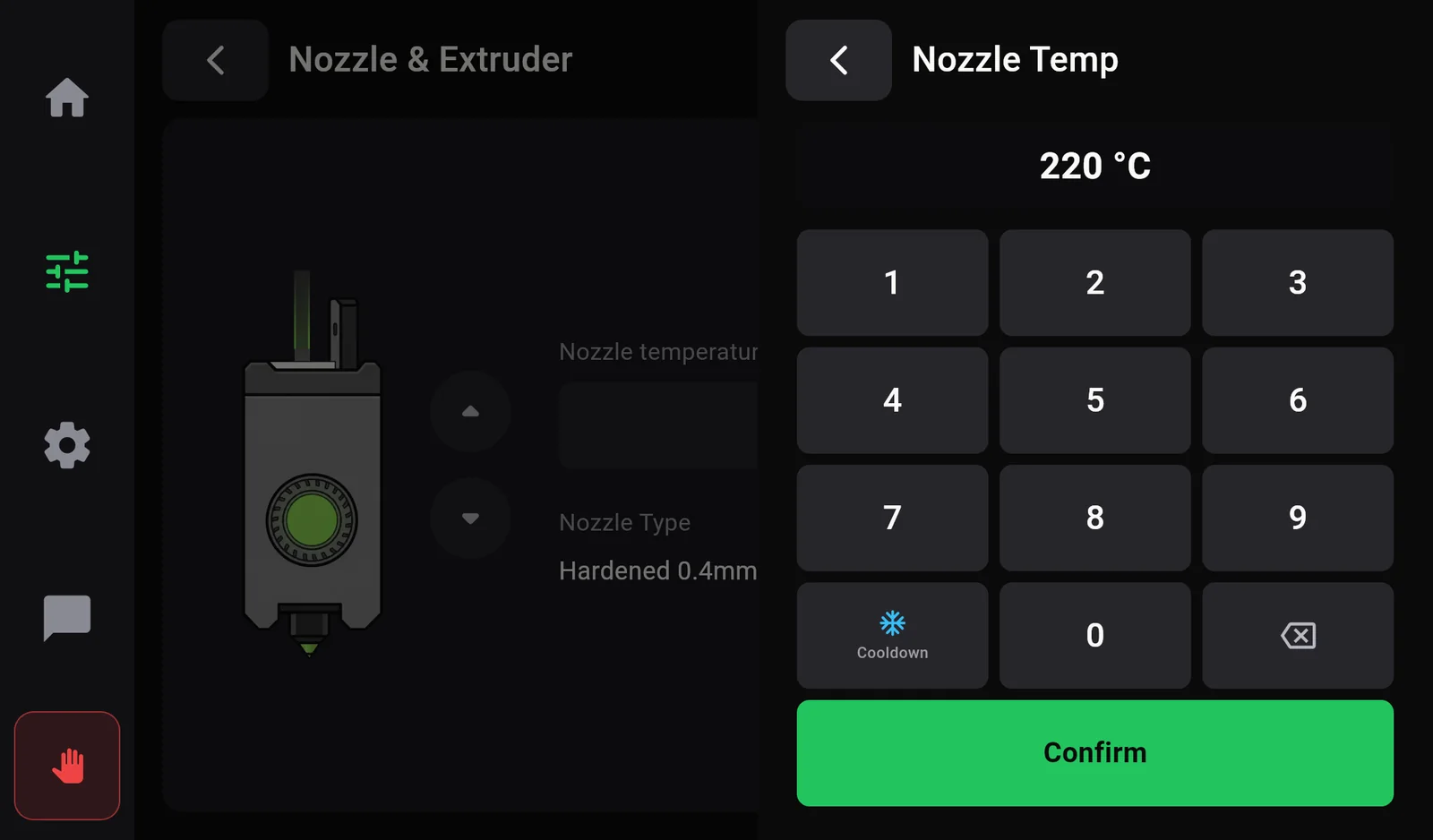 The Nozzle Temp keypad showing 220 degrees.