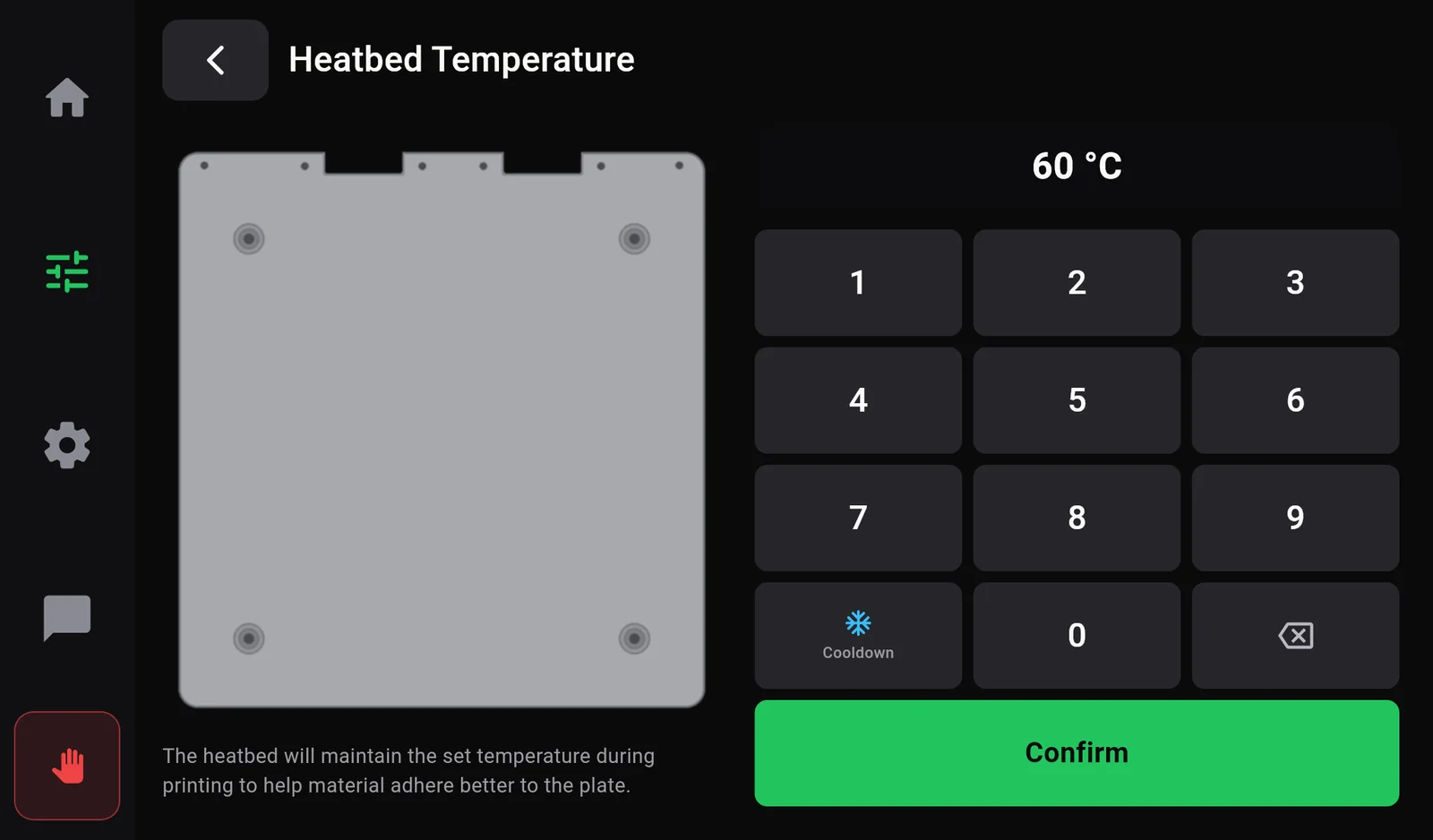 The Heatbed Temperature page: a picture of the bed plate and a keypad showing 60 degrees.
