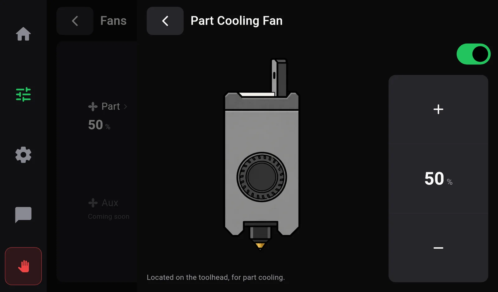 The Part Cooling Fan panel with a switch, the value 50 percent and plus and minus buttons.