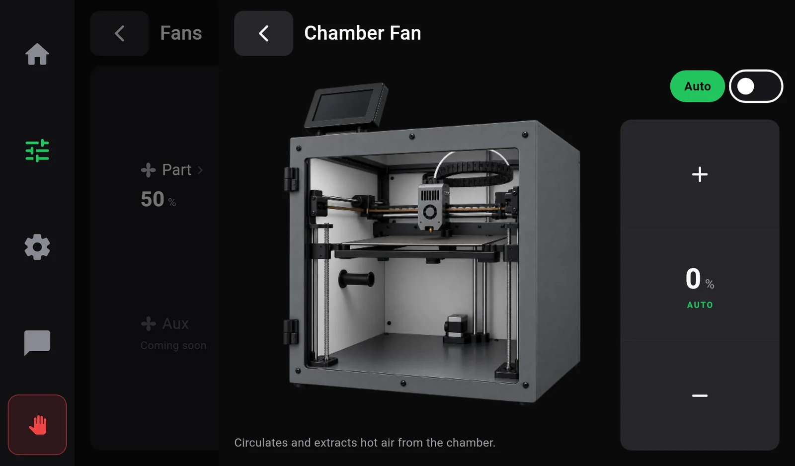 The Chamber Fan panel with a green Auto button, a switch, the value 0 percent marked AUTO, and plus and minus buttons.