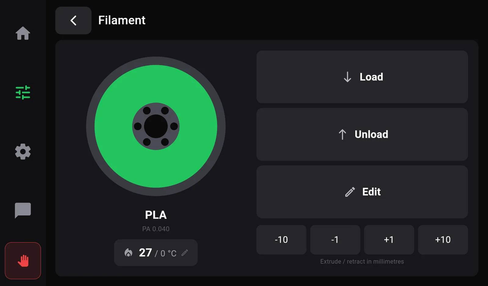 The Filament page: a green spool marked PLA, PA 0.040, a nozzle temperature pill 27 of 0 degrees, and buttons Load, Unload, Edit, and -10, -1, +1, +10.