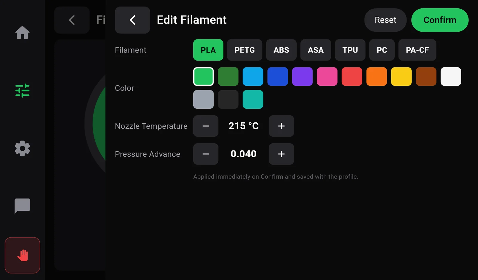 The Edit Filament panel: material chips PLA, PETG, ABS, ASA, TPU, PC, PA-CF; fourteen colour swatches; Nozzle Temperature 215 degrees with minus and plus; Pressure Advance 0.040 with minus and plus; Reset and Confirm buttons.