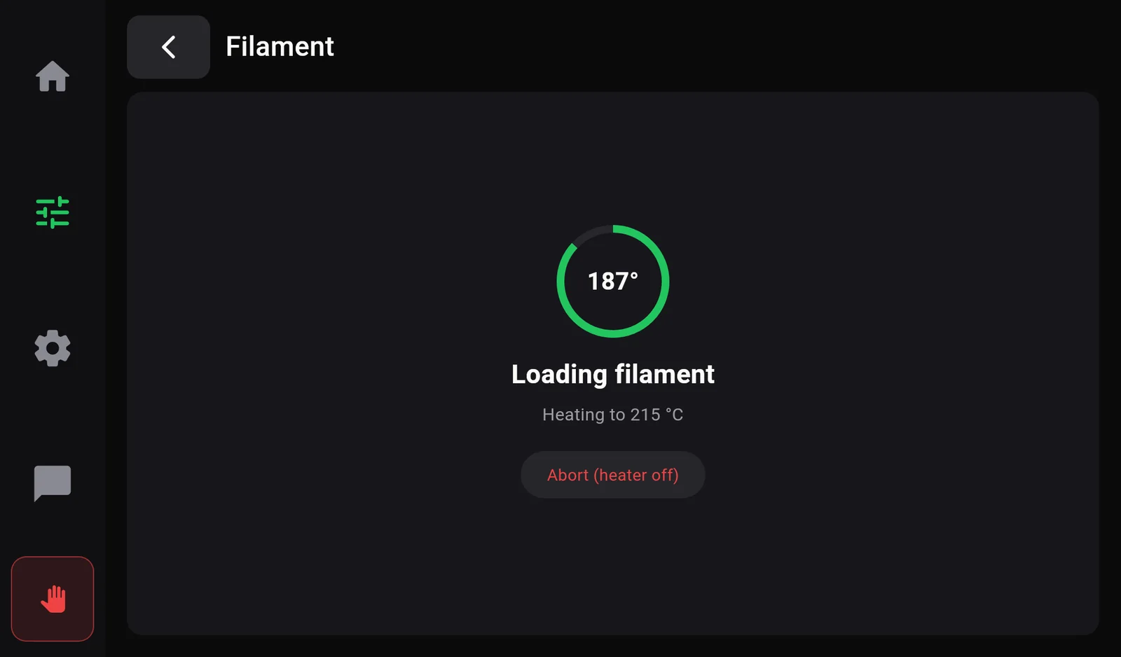 Loading filament: a ring showing 187 degrees, the title Loading filament, Heating to 215 degrees, and a red Abort (heater off) button.
