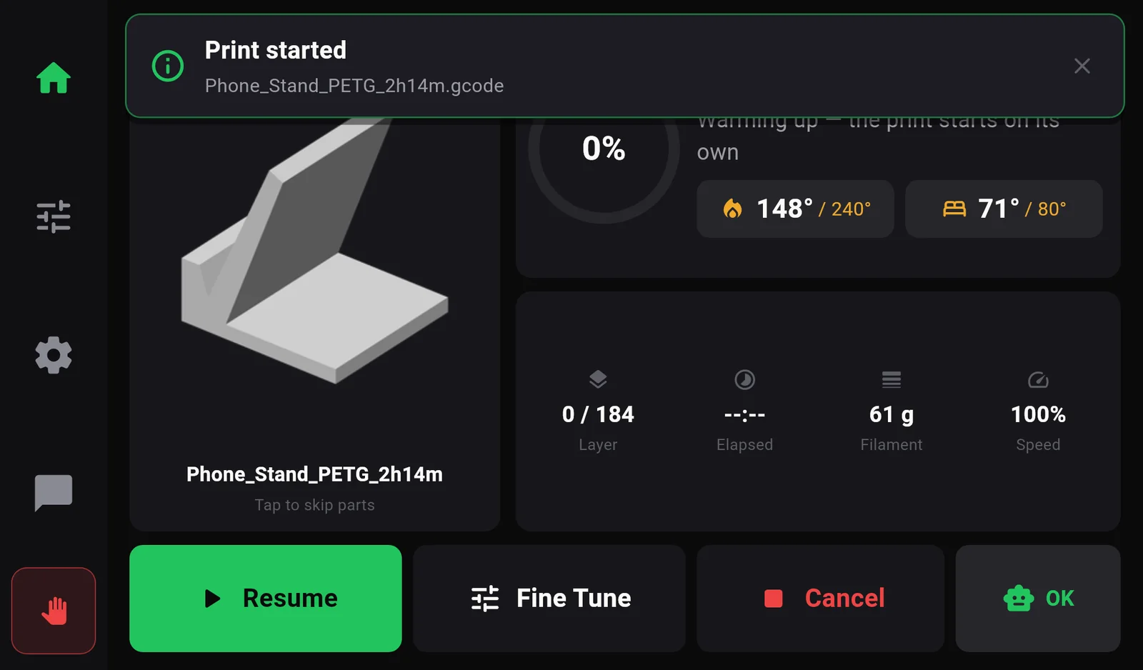 The print screen right after starting: a green message Print started with the file name, the status Heating and the nozzle at 148 of 240 degrees, the bed at 71 of 80.