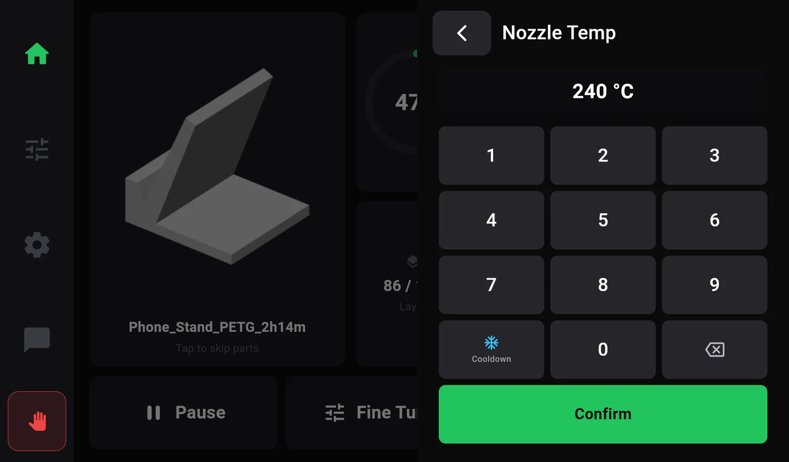 The Nozzle Temp keypad over the print screen, showing 240 degrees, digits 0 to 9, a Cooldown key, backspace and a green Confirm button.