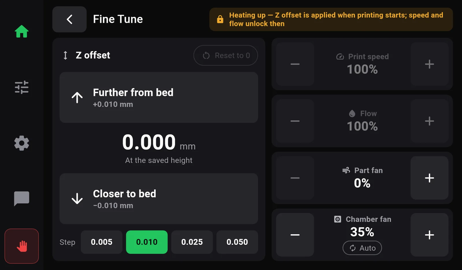 Fine Tune during heat-up with an amber lock note: Heating up, Z offset is applied when printing starts; speed and flow unlock then. Print speed and flow are dimmed.
