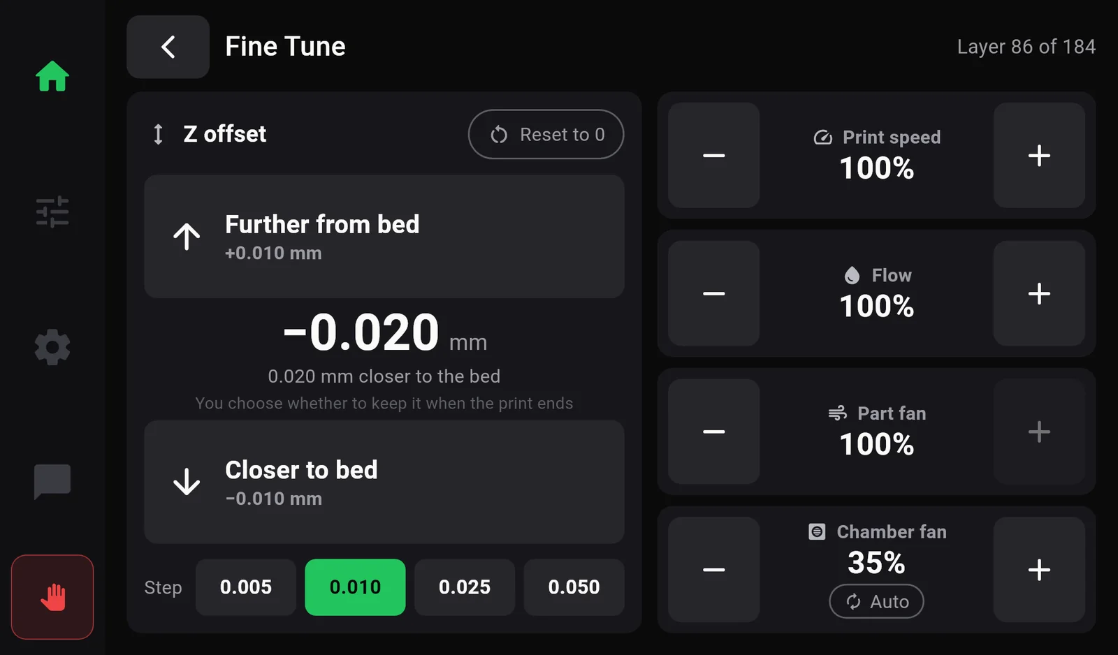 The Fine Tune page: Z offset panel with Reset to 0, Further from bed plus 0.010 mm, the value minus 0.020 mm, 0.020 mm closer to the bed, Closer to bed minus 0.010 mm, and step buttons 0.005, 0.010, 0.025, 0.050. On the right: Print speed 100 percent, Flow 100 percent, Part fan 100 percent, Chamber fan 35 percent with Auto. Layer 86 of 184 at the top right.
