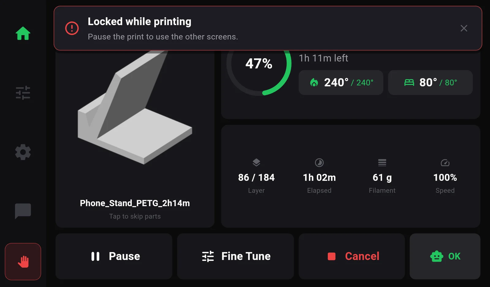 The print screen with a red message at the top: Locked while printing. Pause the print to use the other screens.