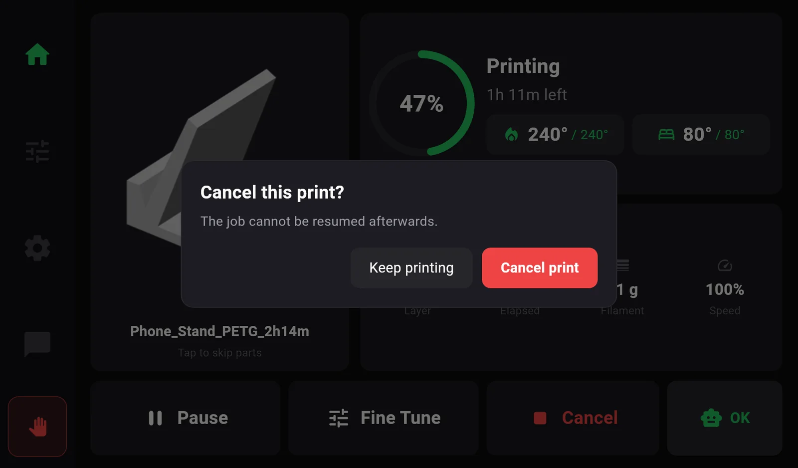 A dialog Cancel this print? The job cannot be resumed afterwards. Buttons Keep printing and Cancel print.