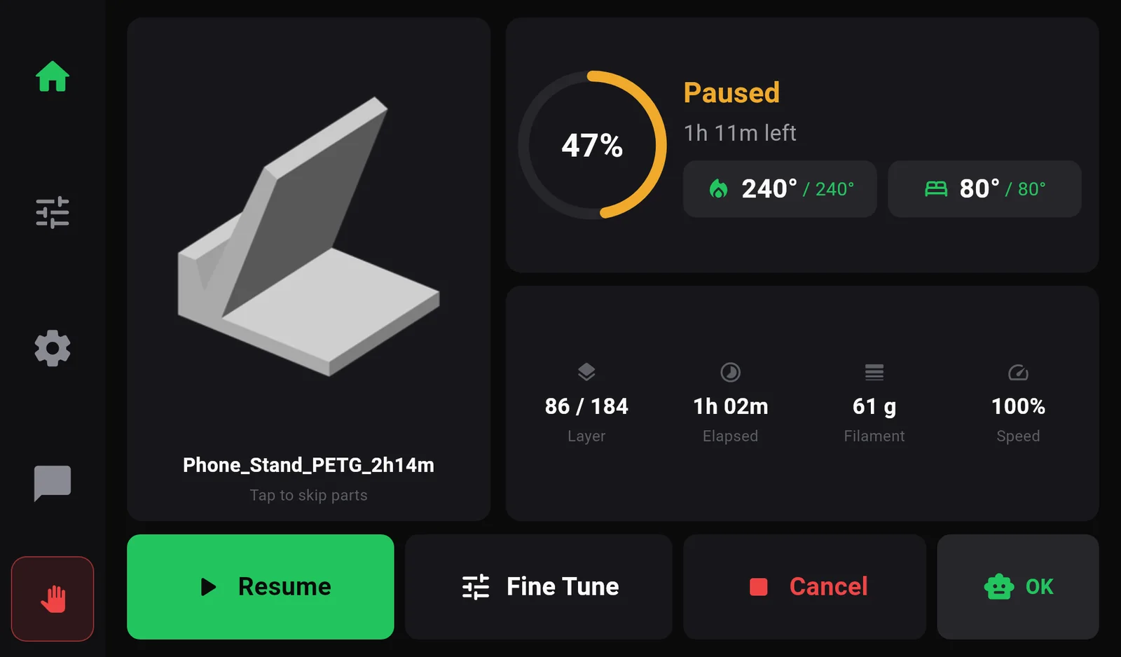The print screen while paused: Paused, 1h 11m left, an amber ring at 47 percent, and a green Resume button.