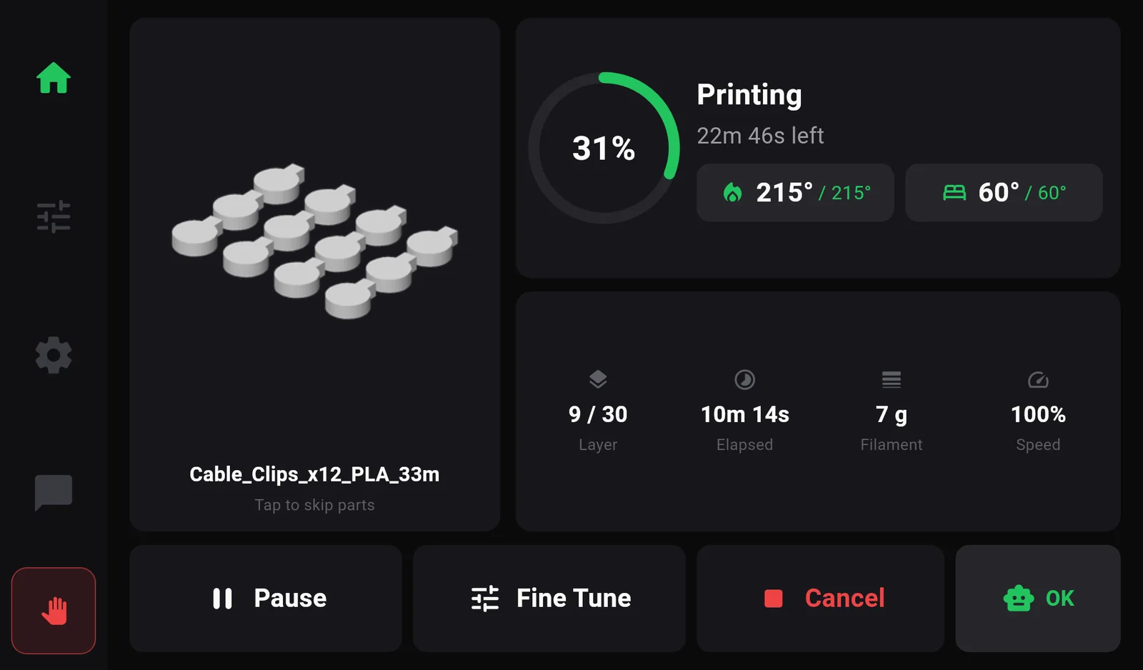 The print screen for Cable_Clips_x12_PLA_33m at 31 percent, with Tap to skip parts under the picture.