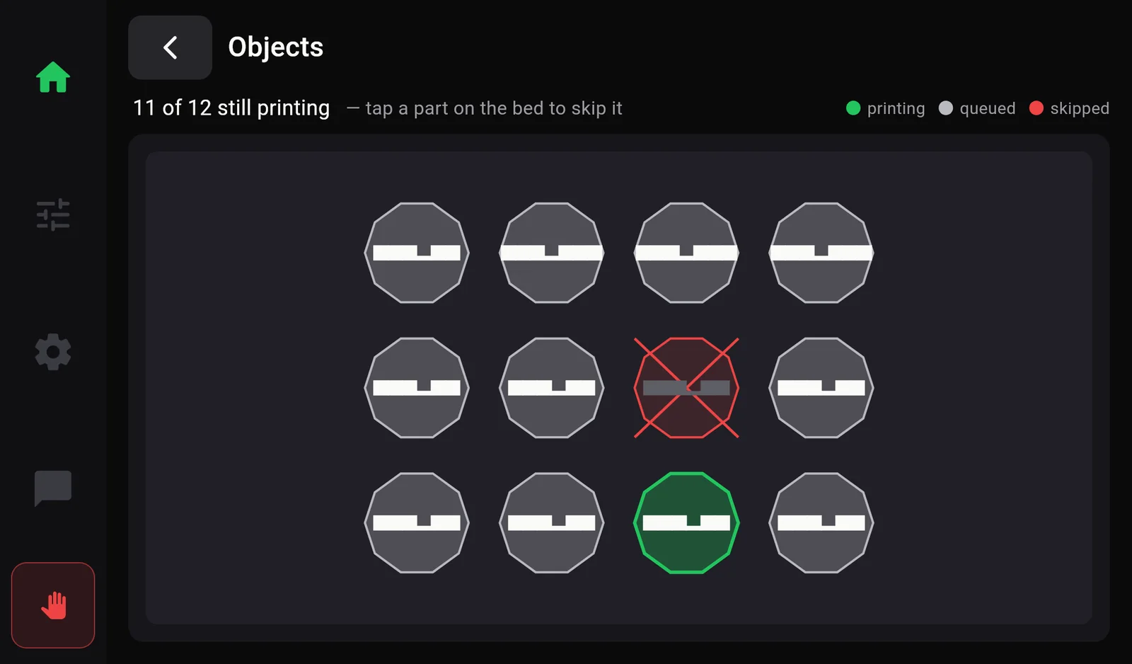 The Objects page: 11 of 12 still printing, tap a part on the bed to skip it. Twelve clips drawn from above, one green (printing), one red with a cross (skipped), the rest grey.
