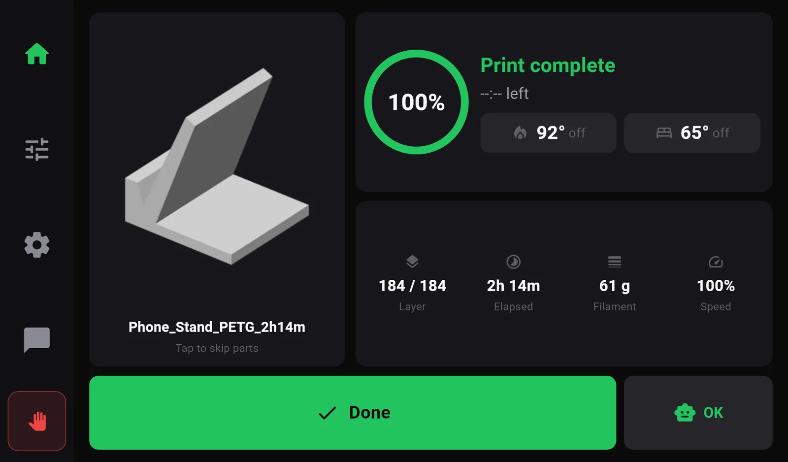 The print screen at the end: Print complete, the ring at 100 percent, 184 of 184 layers, 2h 14m elapsed, 61 g, and a green Done button.