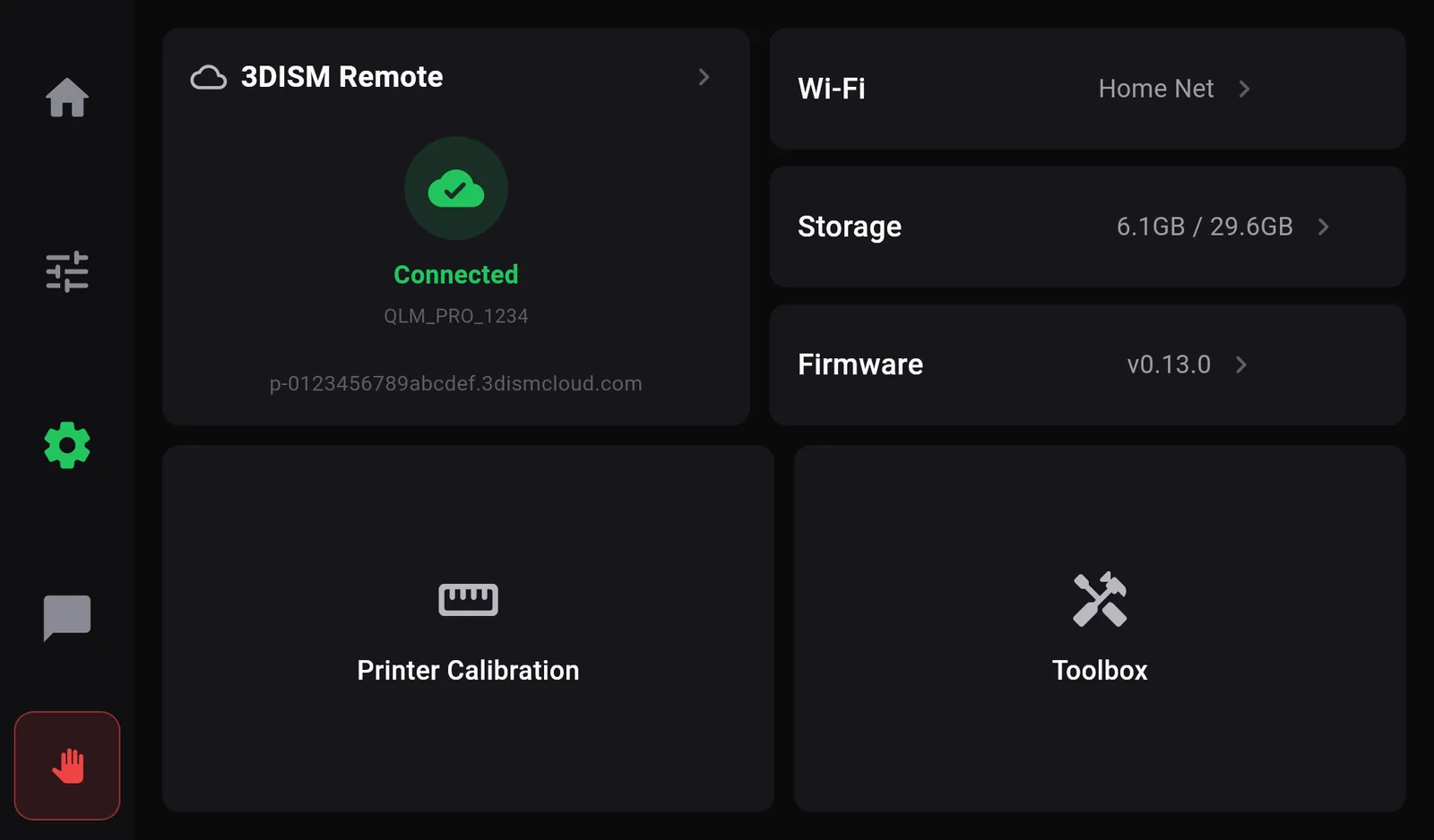 The Settings page: the 3DISM Remote card showing Connected with the serial number and remote address, rows Wi-Fi Home Net, Storage 6.1GB of 29.6GB, Firmware v0.13.0, and tiles Printer Calibration and Toolbox.