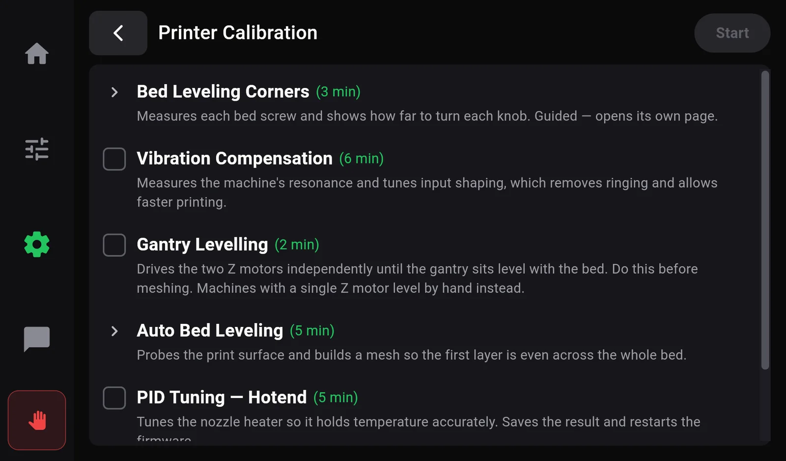 The Printer Calibration list: Bed Leveling Corners, Vibration Compensation, Gantry Levelling, Auto Bed Leveling, PID Tuning Hotend and PID Tuning Heatbed, each with a time and description, and a Start button.