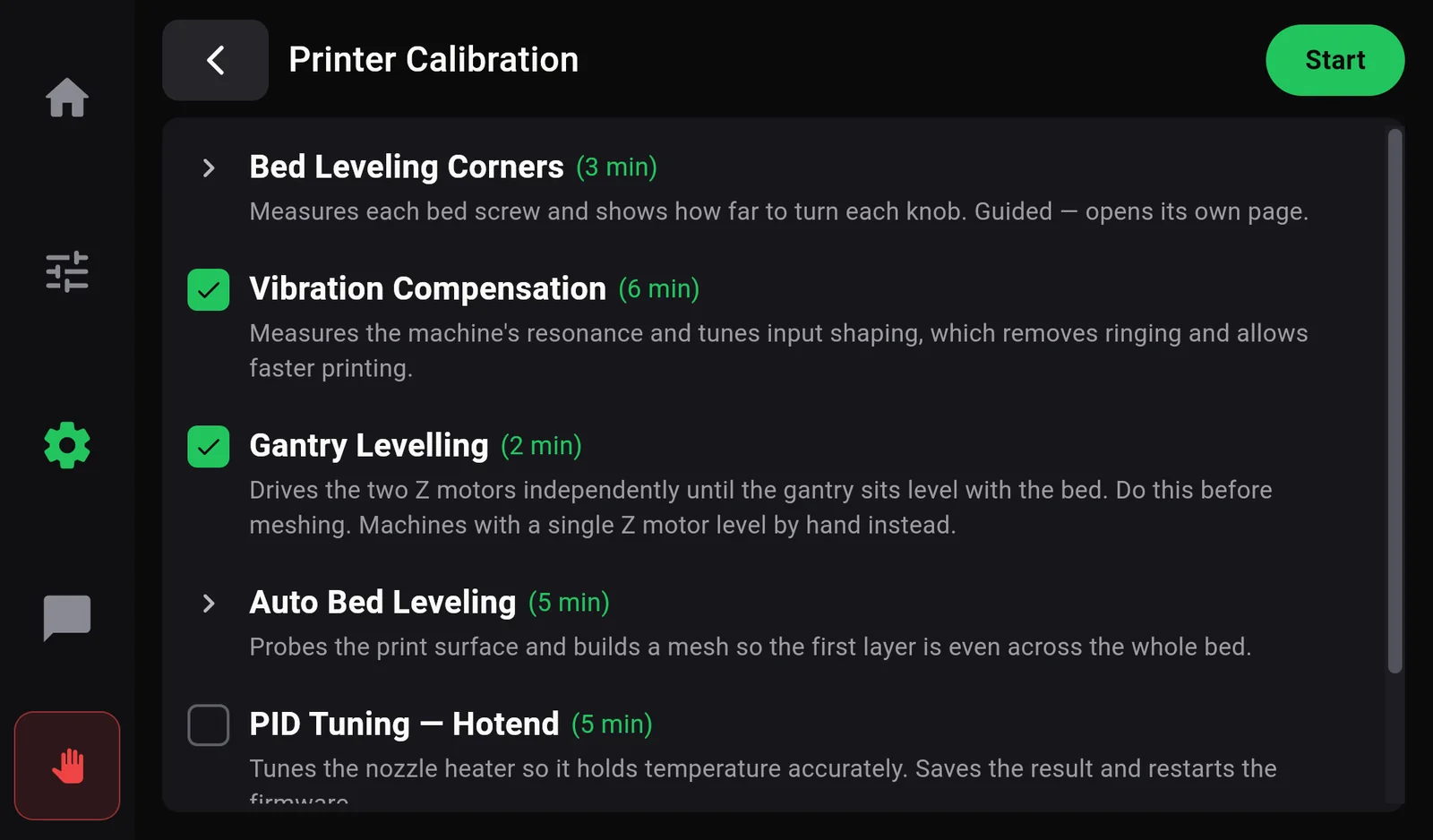 The Printer Calibration list with Vibration Compensation and Gantry Levelling ticked and the Start button now green.