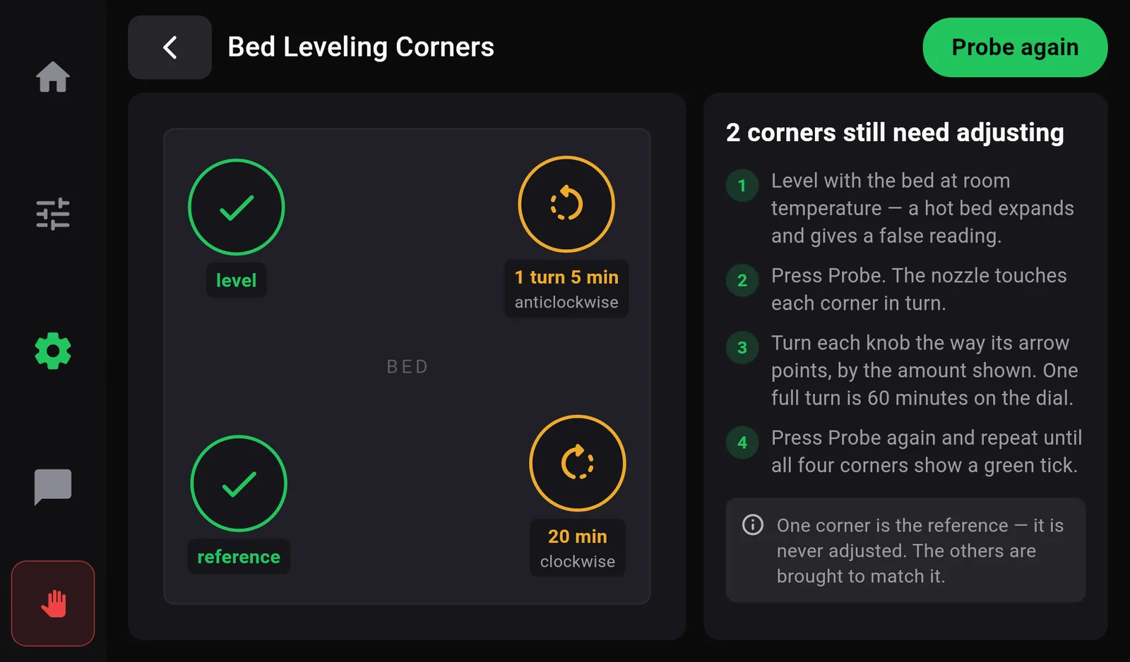 Bed Leveling Corners: two corners with green ticks (level and reference) and two amber knobs: 1 turn 5 min anticlockwise, and 20 min clockwise. The heading says 2 corners still need adjusting.