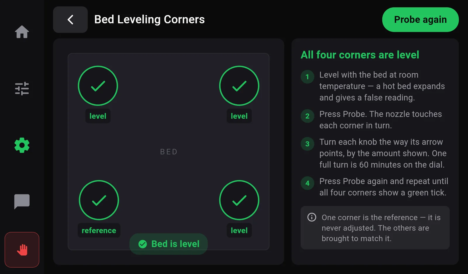 Bed Leveling Corners with all four corners showing green ticks and the pill Bed is level. The heading says All four corners are level.