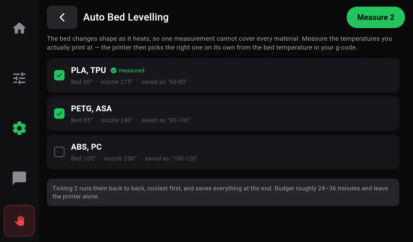 Auto Bed Levelling with PLA, TPU (measured) and PETG, ASA ticked, ABS, PC unticked, and a Measure 2 button. A note says ticking 2 runs them back to back and to budget roughly 24 to 36 minutes.