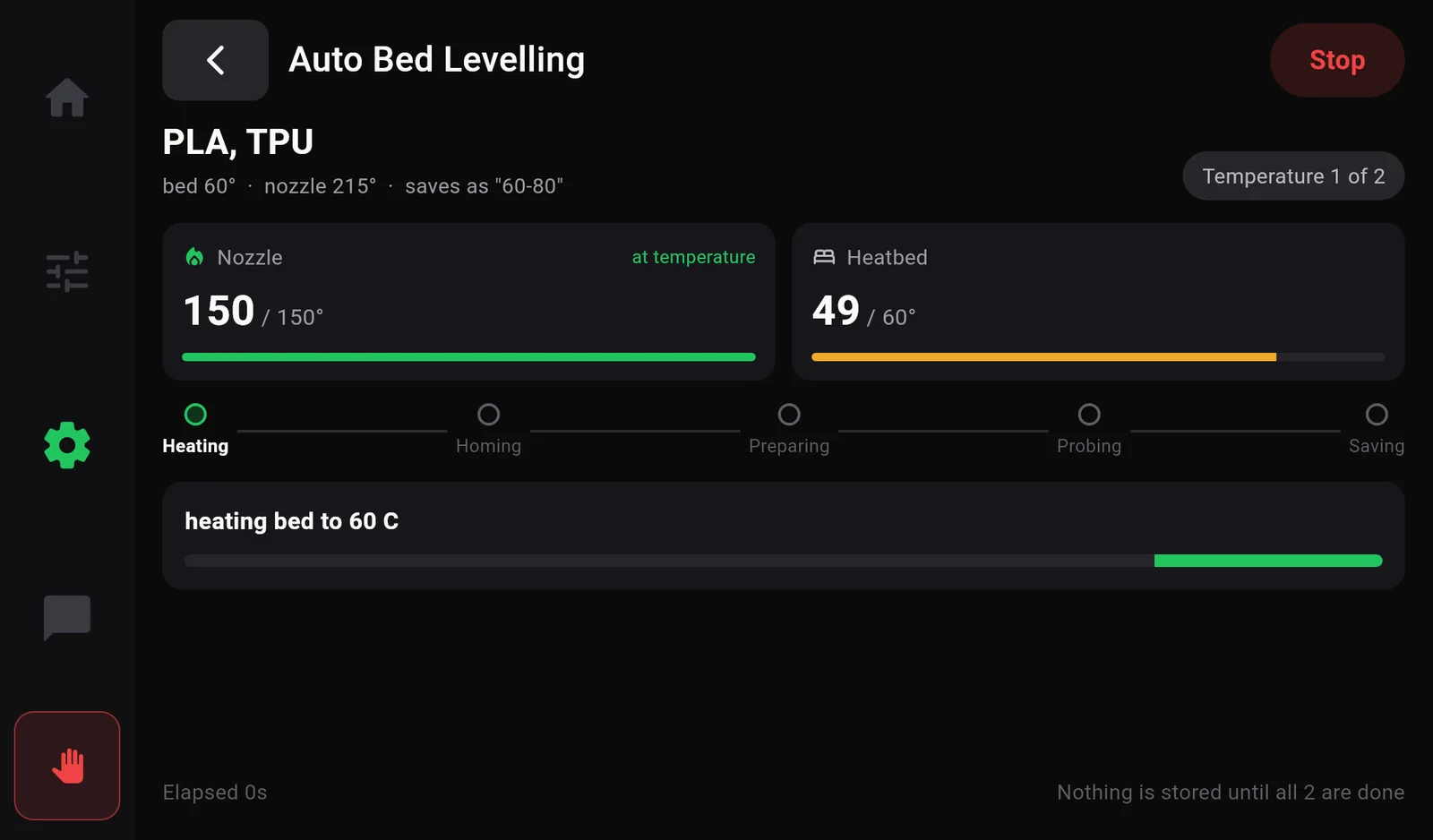Auto Bed Levelling in the heating stage: nozzle 150 of 150 degrees at temperature, bed 49 of 60 degrees still heating, the step Heating current, heating bed to 60 C.