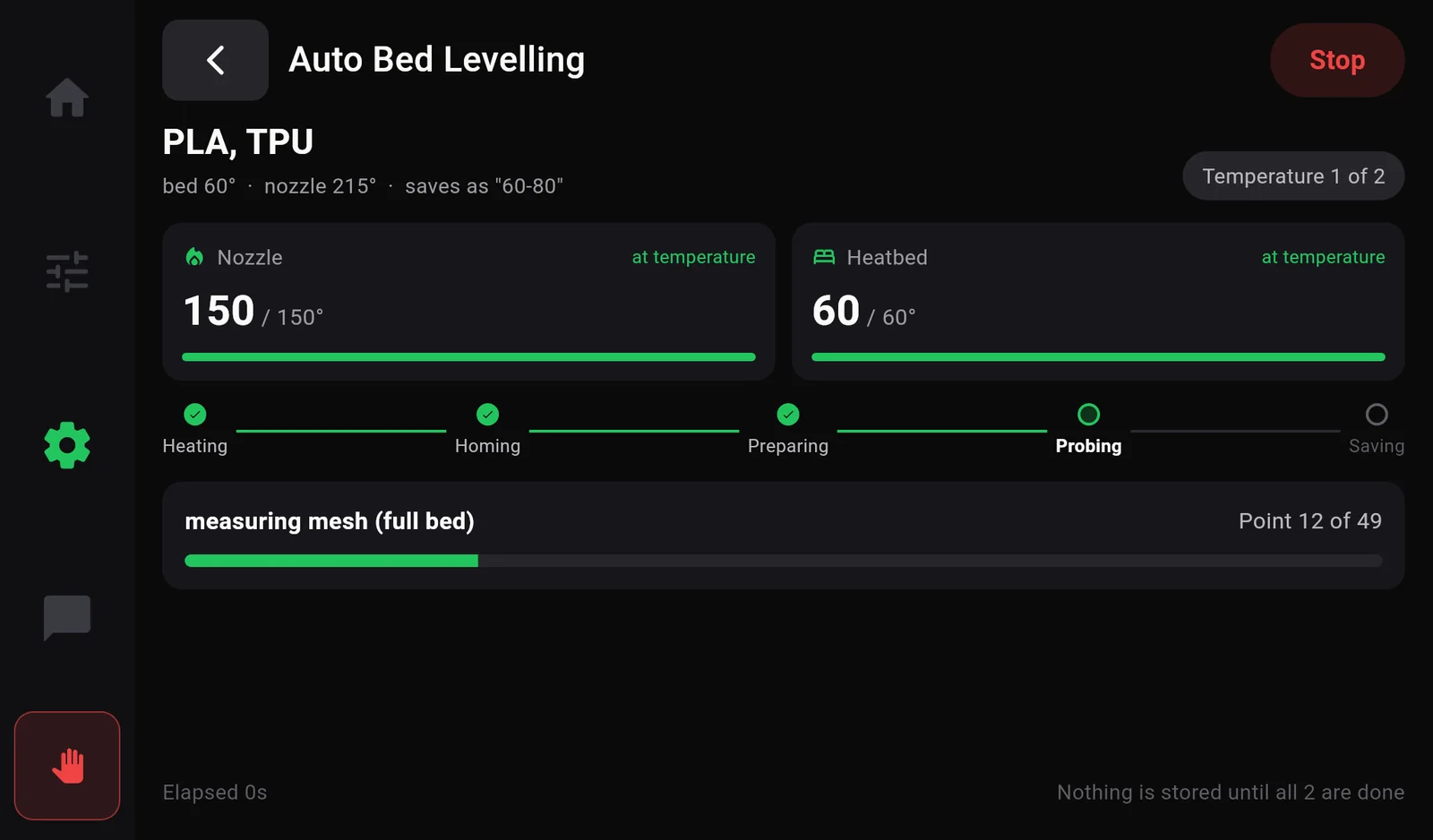 Auto Bed Levelling running: PLA, TPU, Temperature 1 of 2, nozzle 150 of 150 and bed 60 of 60 at temperature, the steps Heating, Homing, Preparing done and Probing current, measuring mesh (full bed), Point 12 of 49.