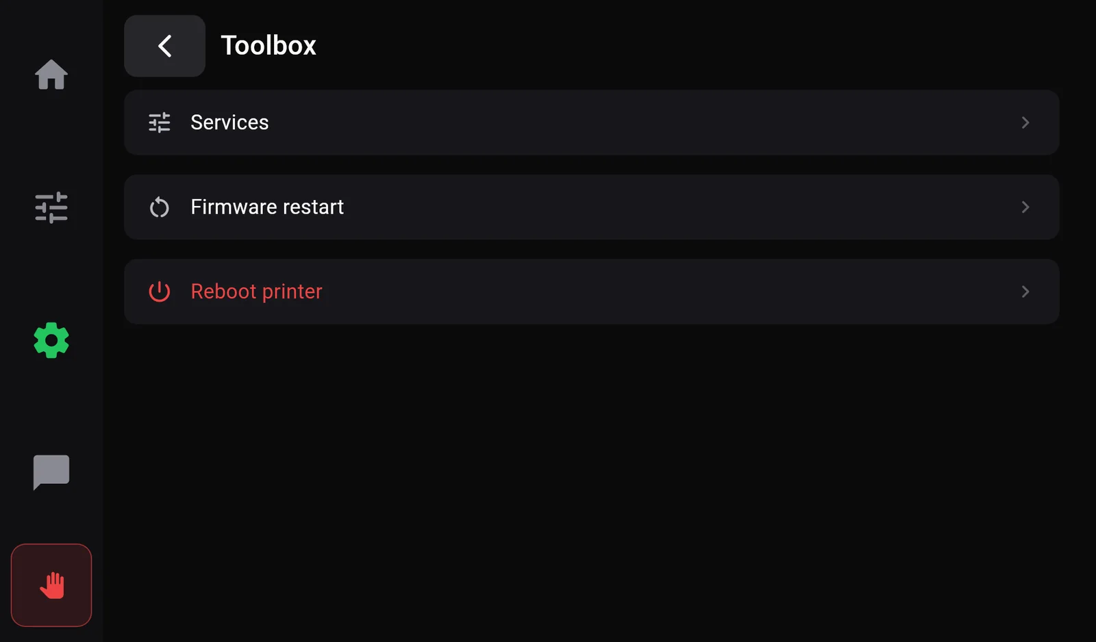 The Toolbox page with three rows: Services, Firmware restart, and Reboot printer in red.