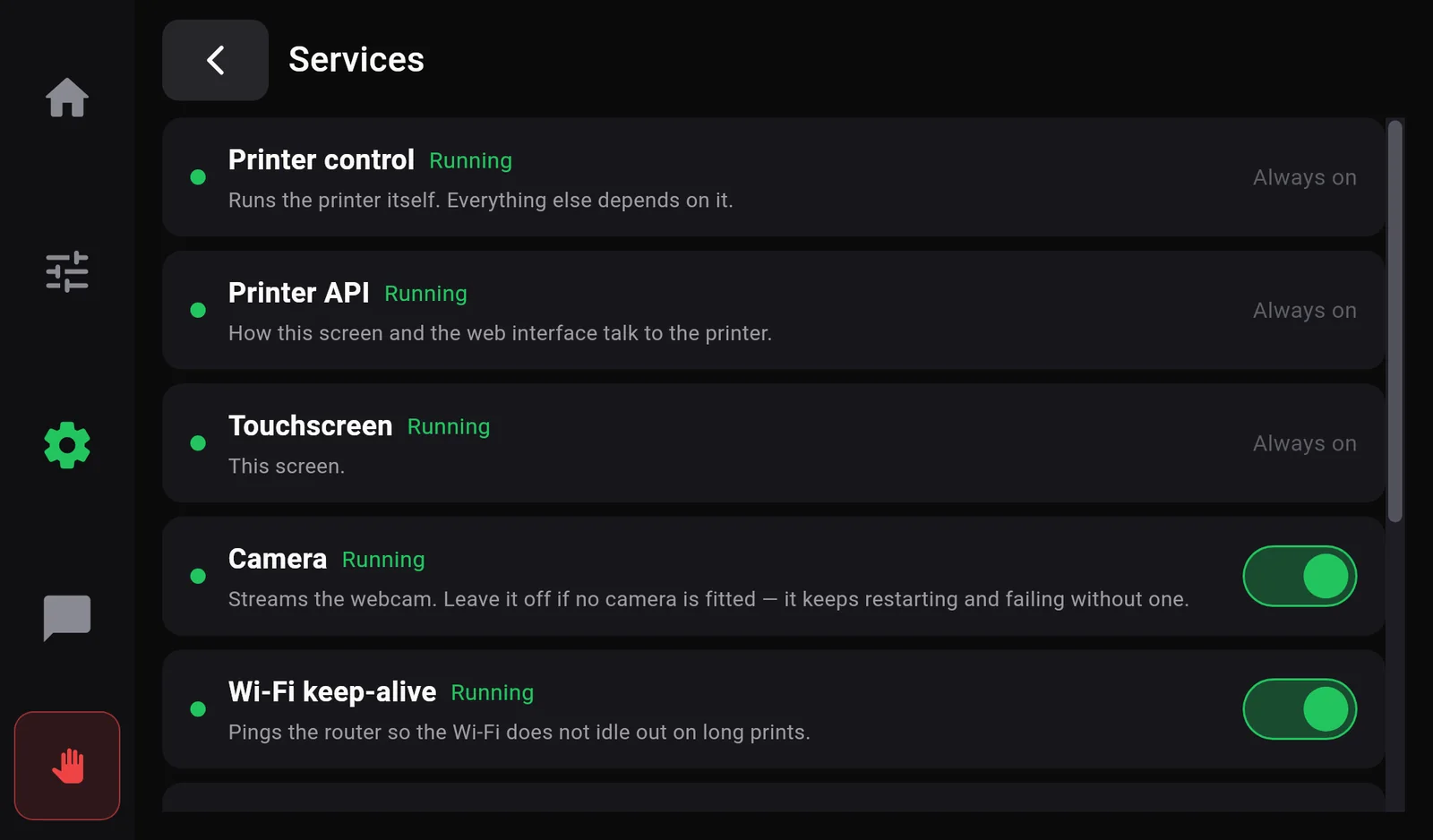 The Services page: Printer control Running, Always on; Printer API Running, Always on; Touchscreen Running, Always on; Camera Running with a switch; Wi-Fi keep-alive Running with a switch.
