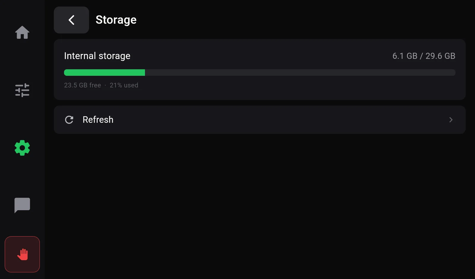 The Storage page: Internal storage 6.1 GB of 29.6 GB, a usage bar, 23.5 GB free, 21 percent used, and a Refresh row.