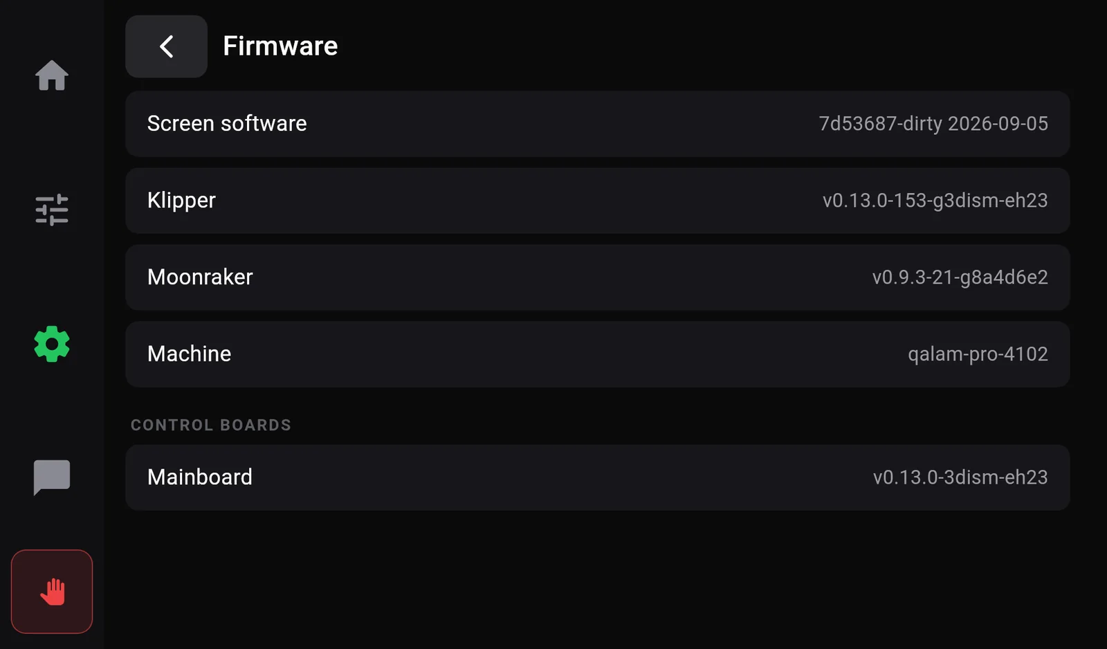 The Firmware page: Screen software, Klipper, Moonraker and Machine versions, and Control boards: Mainboard.