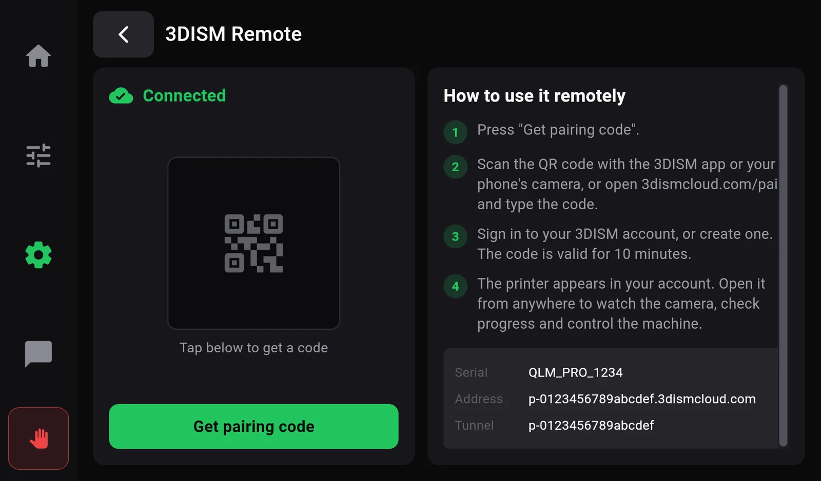 The 3DISM Remote page before asking for a code: status Connected, an empty QR box, Tap below to get a code, a green Get pairing code button, and the steps How to use it remotely.