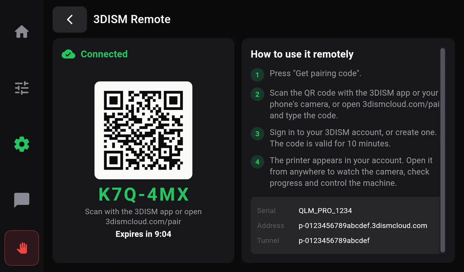 The 3DISM Remote page showing a QR code, the code K7Q-4MX, Scan with the 3DISM app or open 3dismcloud.com/pair, and Expires in 9:04.