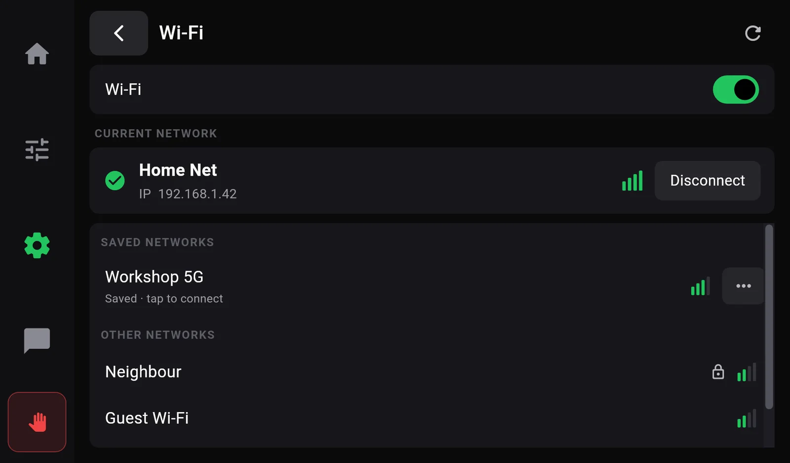 The Wi-Fi page: the Wi-Fi switch on, current network Home Net with IP 192.168.1.42 and a Disconnect button, saved networks, and other networks with lock icons and signal bars.