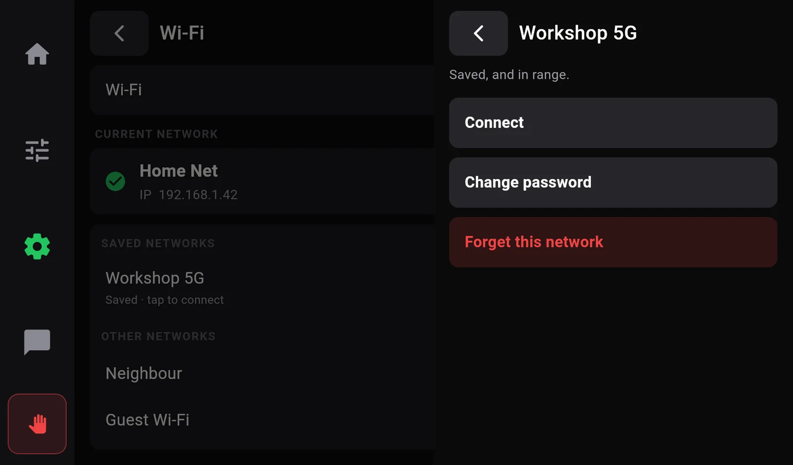 The saved-network panel for Workshop 5G: Saved, and in range. Buttons Connect, Change password and Forget this network.