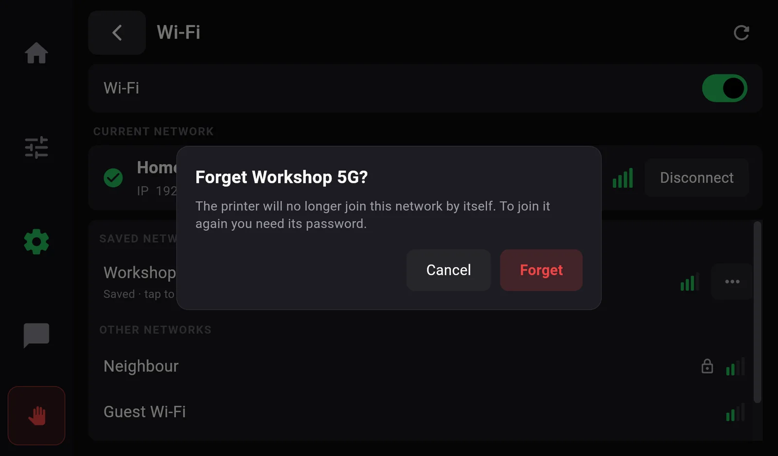 A dialog over the Wi-Fi page: Forget Workshop 5G? The printer will no longer join this network by itself. To join it again you need its password. Buttons Cancel and Forget.